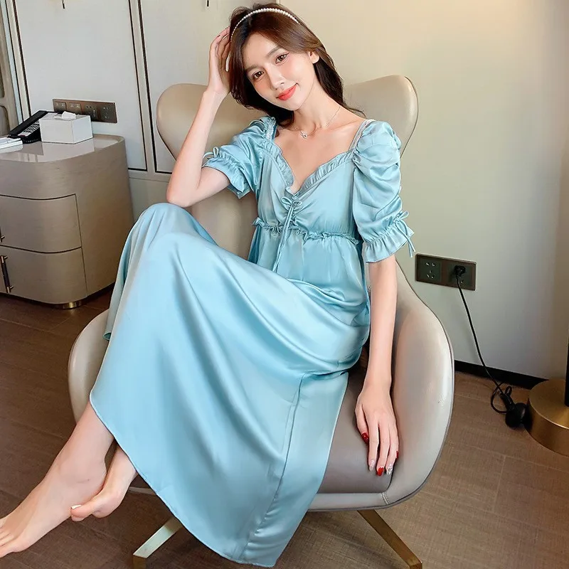 

Women Ruffles V-Neck Nightdress Sexy Rayon Sleepshirts Long Nightgown Summer M-L Princess Dressing Sleepwear Nightwear Home Wear