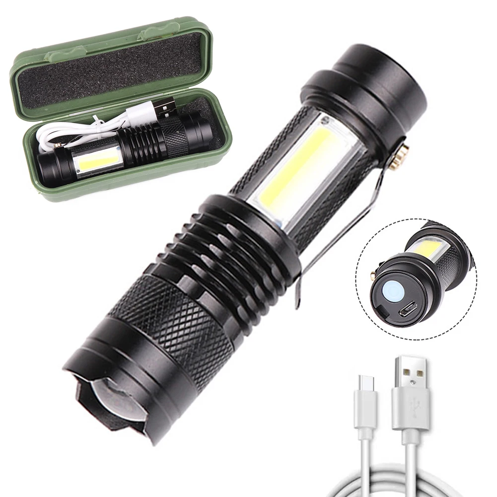 

USB Rechargeable LED Flashlight 400mAh Battery Use XPE + COB lamp beads 250LM Camping Torch Used for adventure, camping