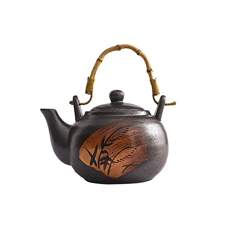 

750Ml Japanese Style Ceramic Pot Tea Kettle with Rattan Handle Hand-painted Teapots infuser Kung Fu Puer Ceremony Service