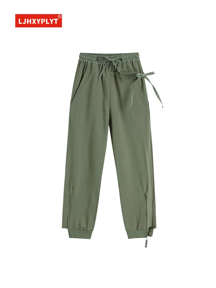 

Брюки женские на молнии, зеленые спортивные штаны с кулиской, Универсальные Длинные на шнуровке, новый дизайн, весна-лето