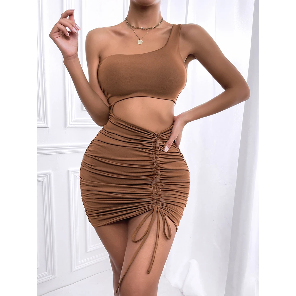 

Сексуальное женское мини-платье на одно плечо, с рюшами и шнуровкой, однотонное платье, идеальный подарок для женщин