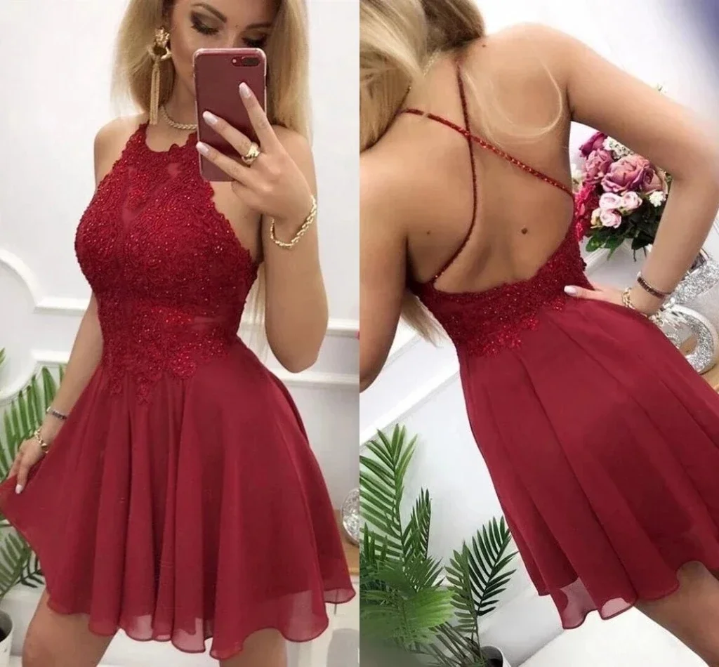 

Burgundy Lace Beaded Short Prom Dress Halter Neck Chiffon Skirt Criss-Cross Sexy Mini Cocktail Homecoming Dresses