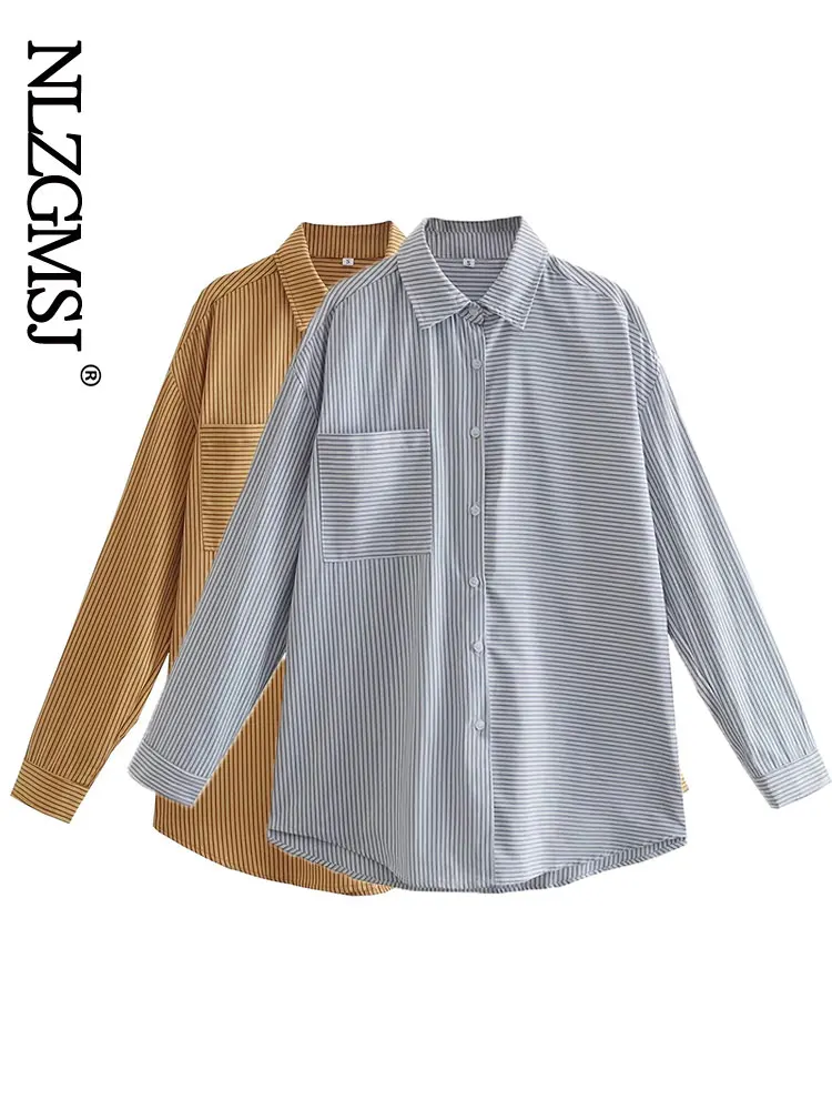 

Nlzgmsj Woman 2022 Stitching Stripes Buttons Shirt Women Blouses Long Sleeve Top Shirt Loose Women Clothing 202206