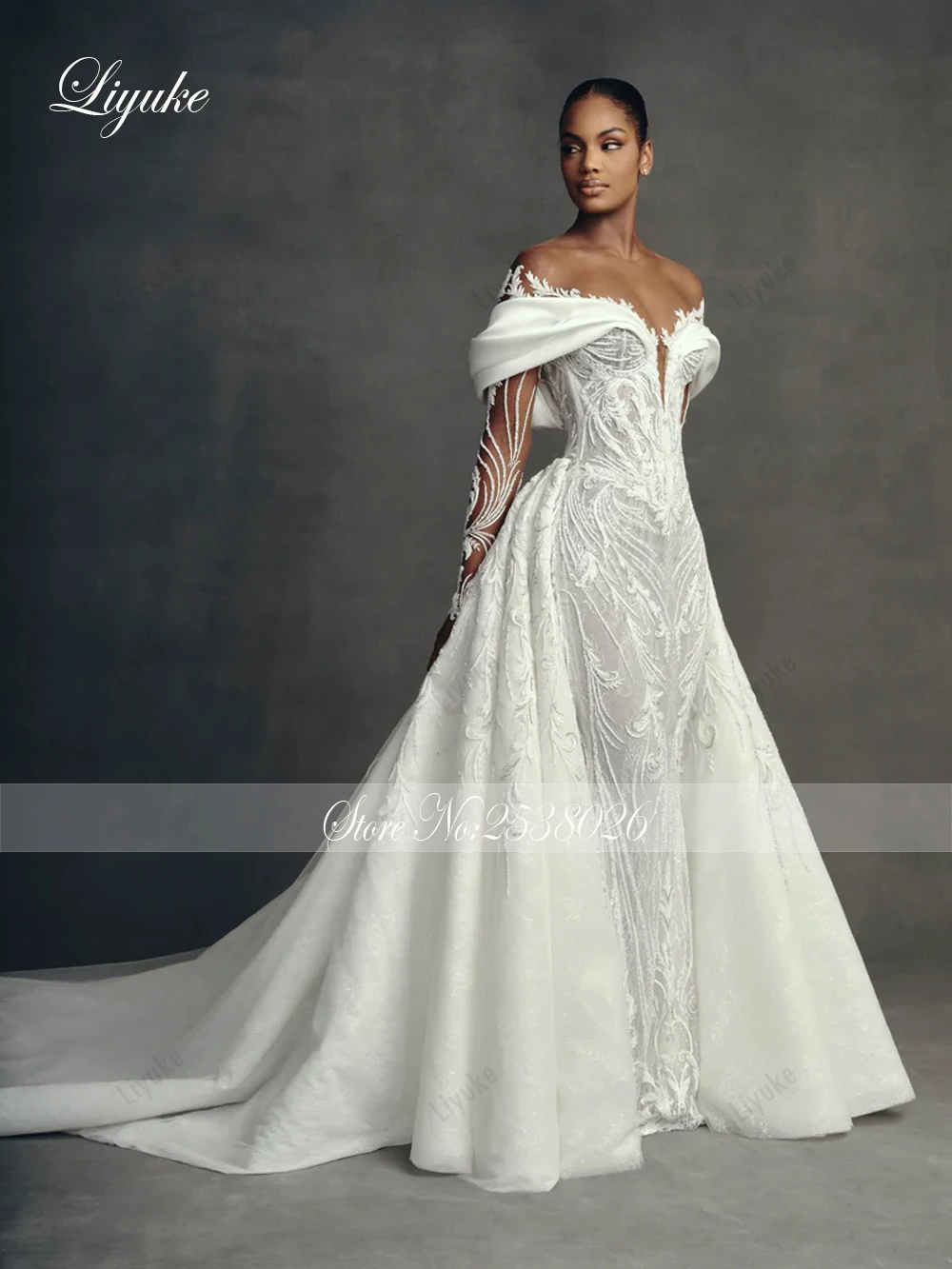 Фото Liyuke Роскошные свадебные платья русалки с вышивкой на заказ Robe De Marriage со съемным шлейфом 2 в 1, кружевные свадебные платья с трубой №3