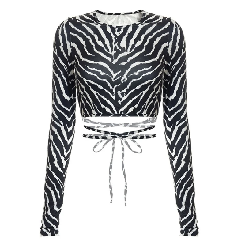 

Women Vintage Animal Striped Print Crop Top Sexy Cutout Backless Tied T-Shirts