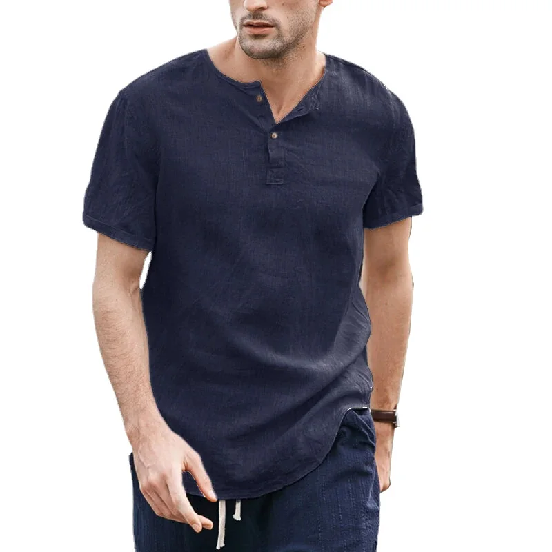 2022 New Summer Round Neck Solid Color Short Sleeve Men's Casual Retro Linen V-neck Short Sleeve Shirt Ropa De Hombre