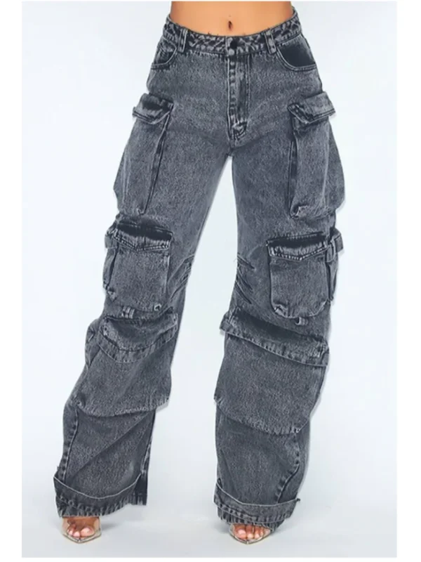 

Solid Color Multi-pocket Loose Jeans Women's High Street Retro Hip-hop Wide-leg Pants Casual Straight High-waisted Jeans Women