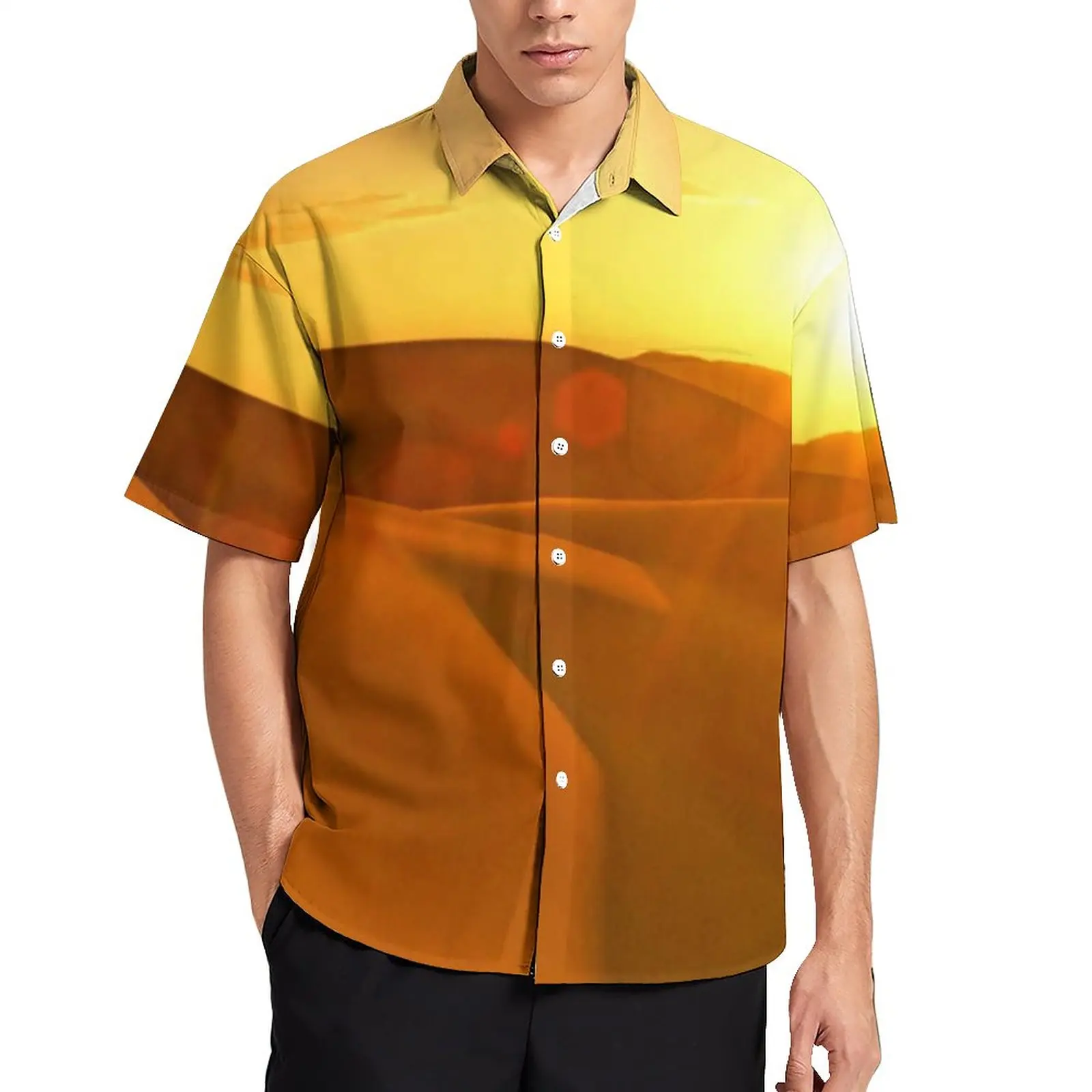 

Gold Desert Casual Shirts Sand Dune Sunset Beach Shirt Hawaiian Stylish Blouses Men Print Plus Size 3XL 4XL