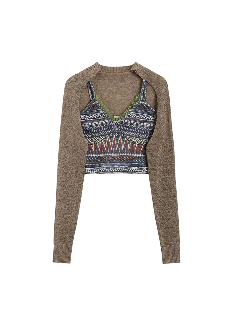 

2022 Sexy Cardigan Sweaters Women's Sweater Coat Long Sleeve Loose Knitted Crop Tops Vintage Print Camisole Vests Two-piece Set