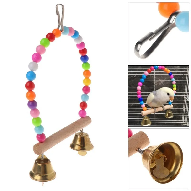 

Parrots Swing Toy With Colorful Beads Bells Toys Birds Perch Hanging Swings Cage Bird Supplies Drop Ship Natural Wooden