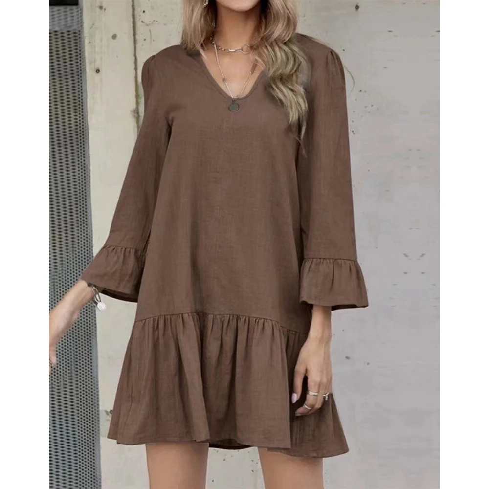 

Autumn Summer Solid V-Neck Long Sleeve Short Dresses for Women Fashion Femme Elegant Ruffle Hem Casual Mini Dresses Streetwear