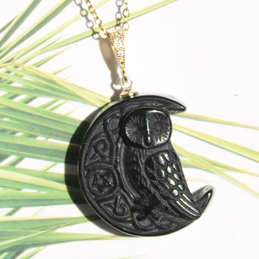 Цельный натуральный черный обсидиан кристалл ведьма сова резьба ожерелье кулон