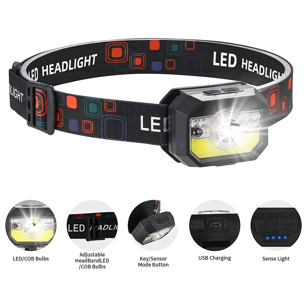 

Strong LED Light Sensor Headlight Multi-Function Flashlight USB Charging Portable Outdoor Camping Fishing Head-mounted Torch