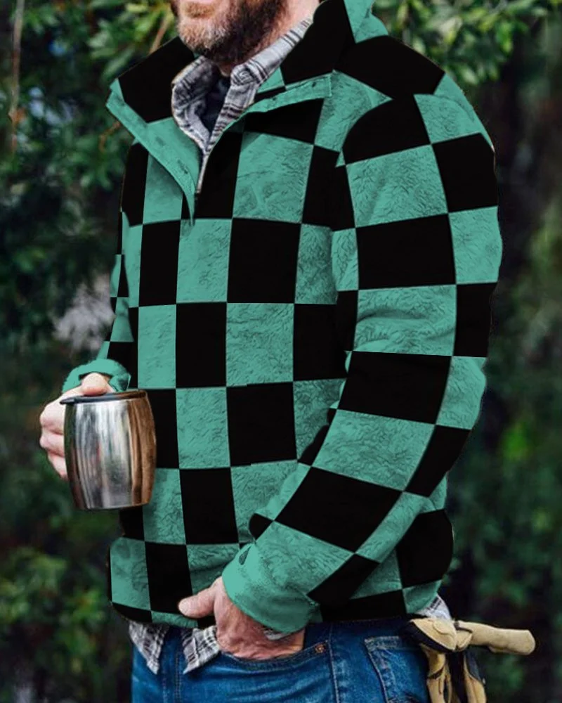 

Мужской двухсторонний меховой костюм с 3D-принтом в сетку, воротник-стойка, домашняя одежда, новинка 2022, зимнее американское плюшевое теплое ...