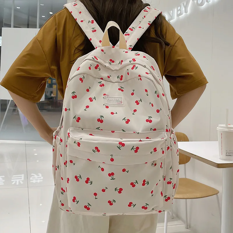 New Girl Cherry Floral Travel Book Backpack Women Trendy Print School Bag Female Laptop College Backpack Fashion Lady Kawaii Bag