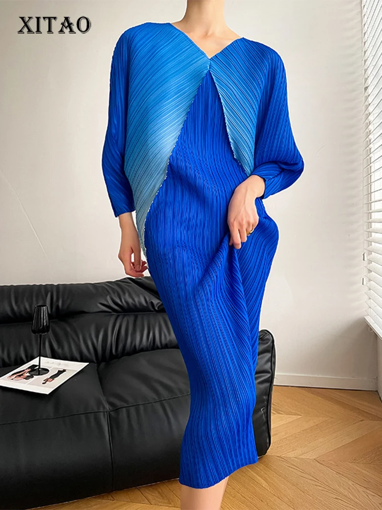 

XITAO Fashion Gradient Dress Folds V-neck Long Loose Temperament Thin Casual Patchwork Minority New Arrival Women ZY7198