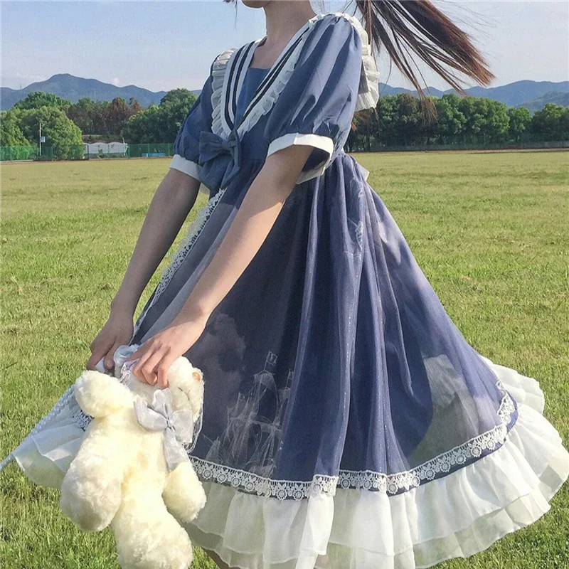 

summer short sleeve Kawaii Preppy Style Japanese Lolita Dress Sailor Collar Harajuku Cute lace bow Boho Fairy Vestidos 500g