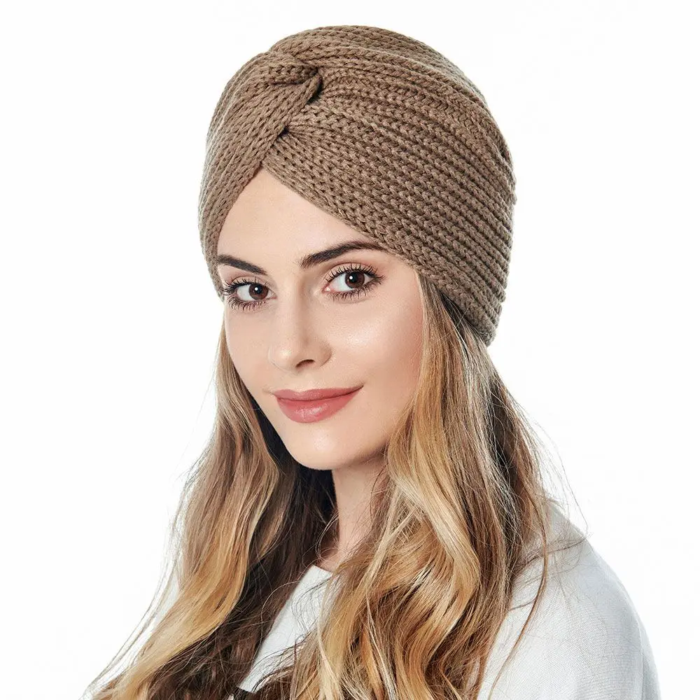 

Женские банданы с узлом в стиле бохо, модный вязаный теплый мусульманский шарф, осенне-зимняя шапка-тюрбан, однотонный головной платок с пер...