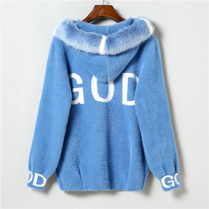 

Autumn Winter Mink Cashmere Cardigan Hooded Coat Sweater Women Fashion Print Casual Mink Sweaters Thick Warm Outerwear Female