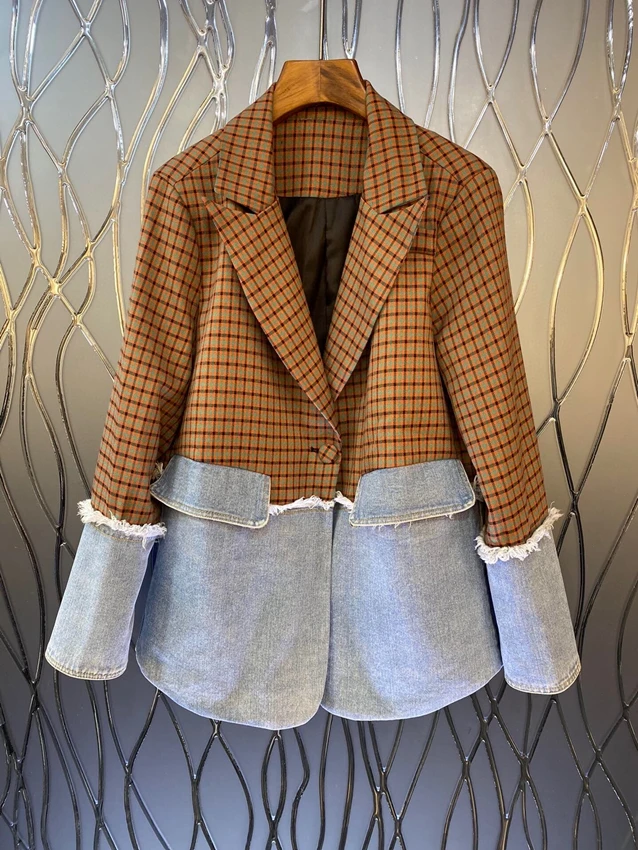 

2022 new women Fashion High Quality Long Sleeve Lapel Hem Colorblock Denim Plaid Blazer Jacket 903