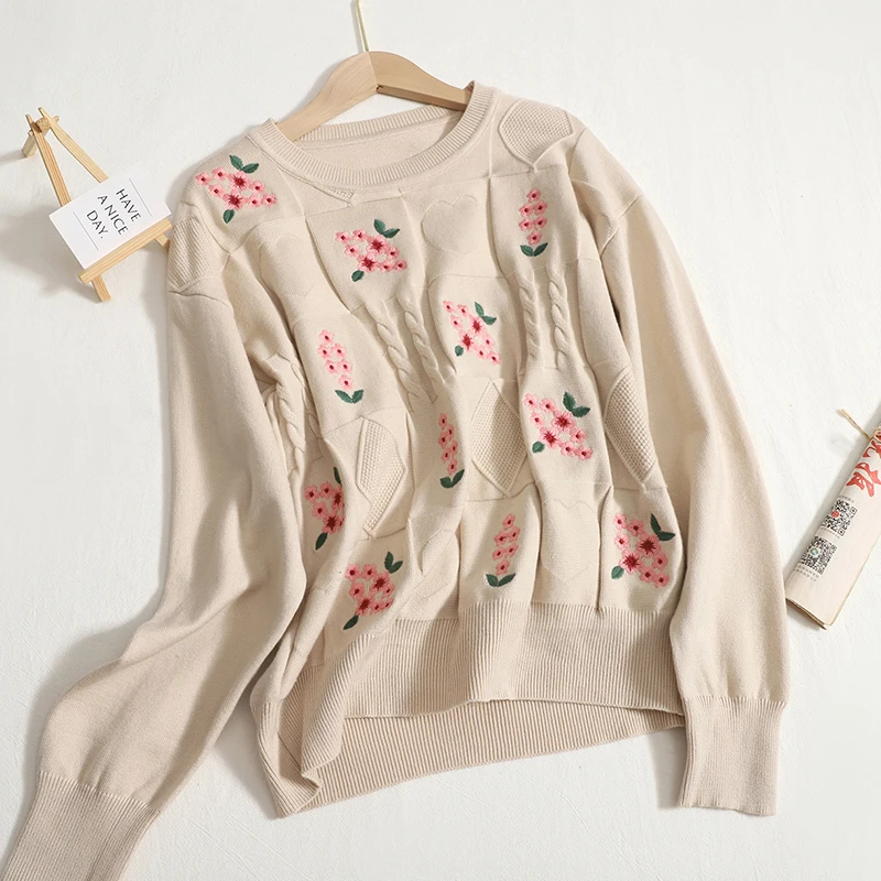 

Шикарные Модные женские топы Hikigawa, новые осенние свободные свитера с цветочной вышивкой и длинным рукавом, милый облегающий вязаный пулове...