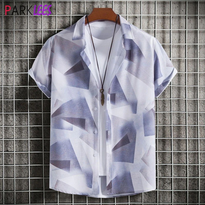 

Stylish Geometric Print Mens Hawaiian Shirt Short Sleeve Button Down Beach Tropical Summer Shirt Casual Holiday Party Clothing