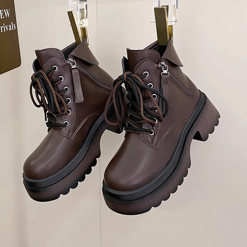 

White Women Platform Boots Women Casual Shoes Genuine Leather Thick Sole Ladies Girl Female Motorcycle Combat Ankle Boots