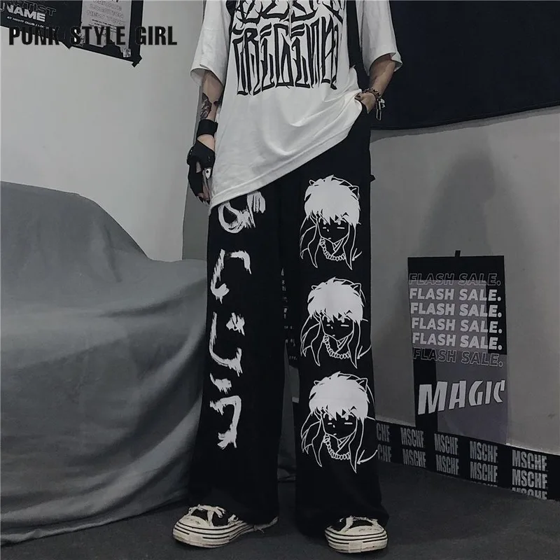 Pantalones de chándal de pierna ancha para mujer, pantalón con estampado de Anime japonés, estilo gótico, centro comercial, Harajuku, Hippie, Kpop, negro, 2000s
