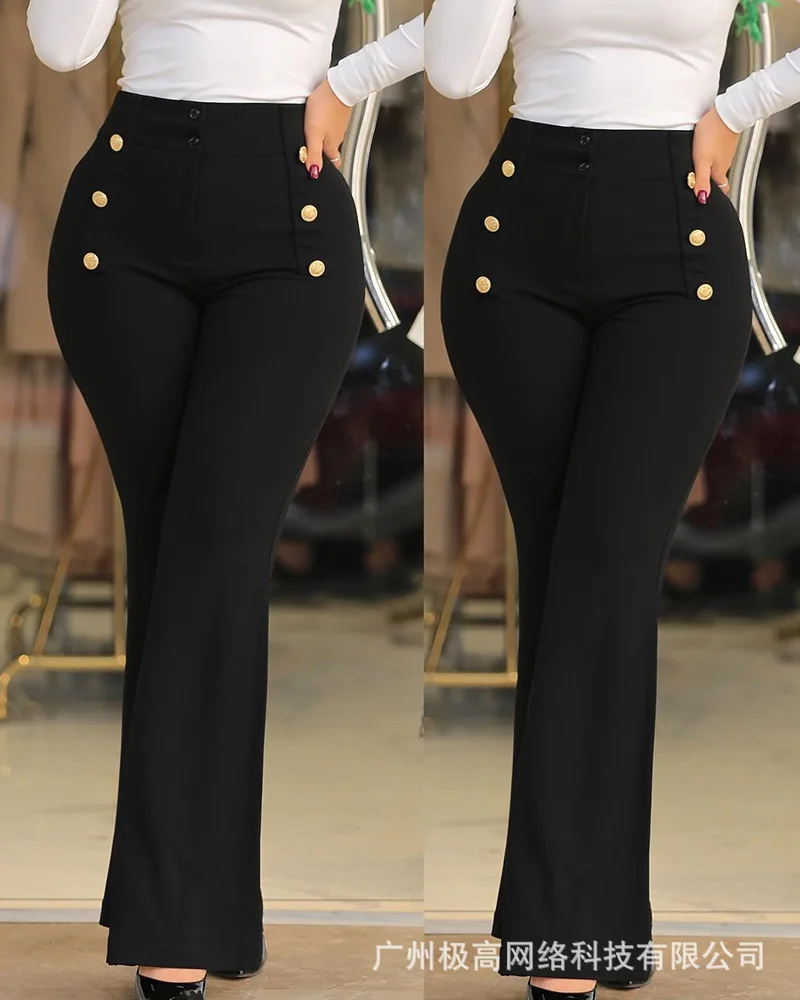 High Waist Buttoned Bootcut Work Pants Women Fashion Casual Spring Summer Pants Trousers Solid Color