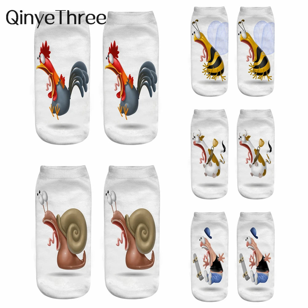

New Funny Cartton 3D Printing Screaming Animal Surprised Insect Exaggerated Thrilling Expression White Ankle Socks Dropshipping
