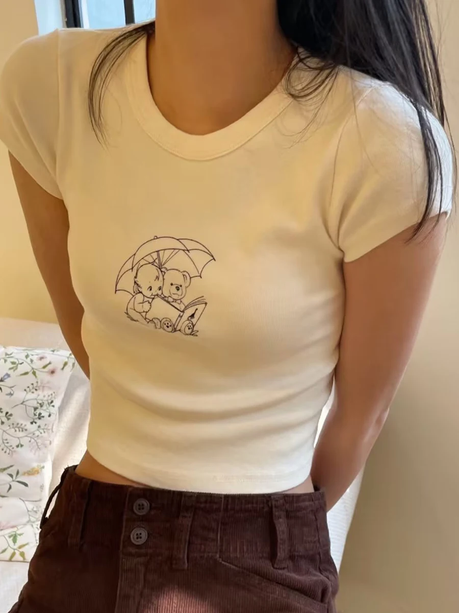 

Angel Baby Umbrella Bear Book Crop Top Women Sweet Cute Short Sleeve Slim Tee Streetwear Y2k Cotton Tank Tops 2023 Summer New