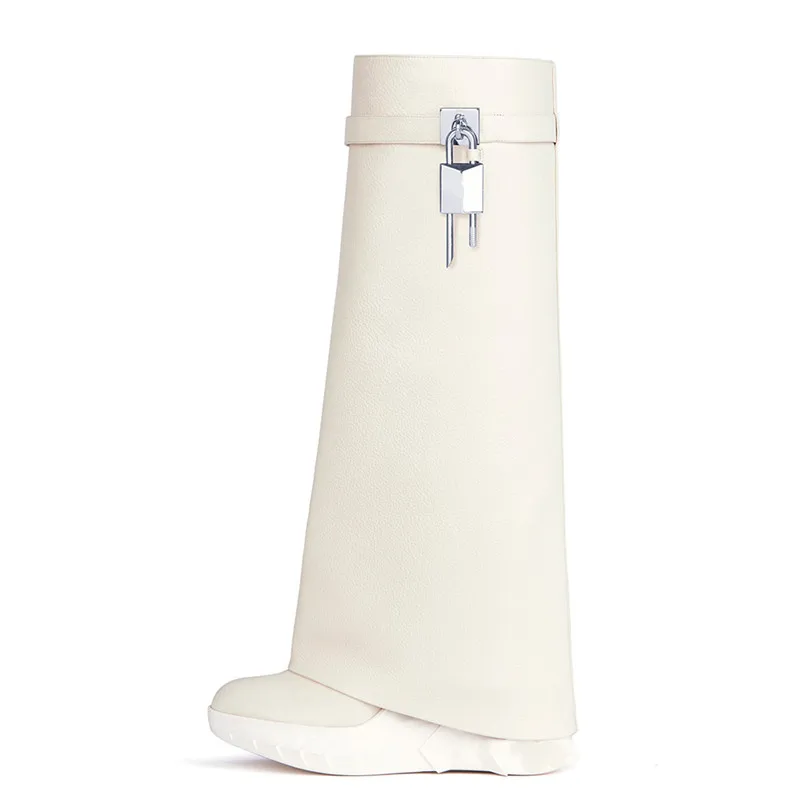 European and American New Thick Soled Leather Boots Women's Slope Heel High Heel Round Head High Shark Boots Knee High Boots