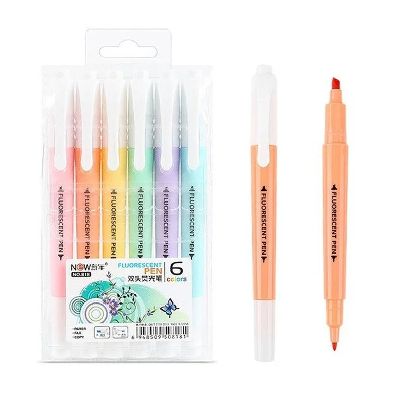 

6Pcs/Set Double Headed Fluorescent Pen Cute Art Highlighter Drawing Mark Stationery