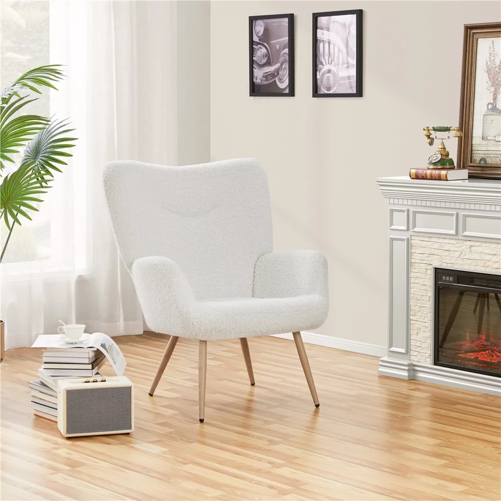 

Alden Design Faux Sherpa Wingback Accent Chair with Oak Legs, White