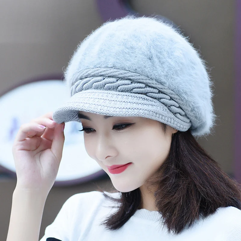 

Winter Ladies Women Peaked Hats Solid Color Rabbit Hair Keep Warm Knitted Female Duckbill Caps Winter Warm Cap Feminina Bonnets