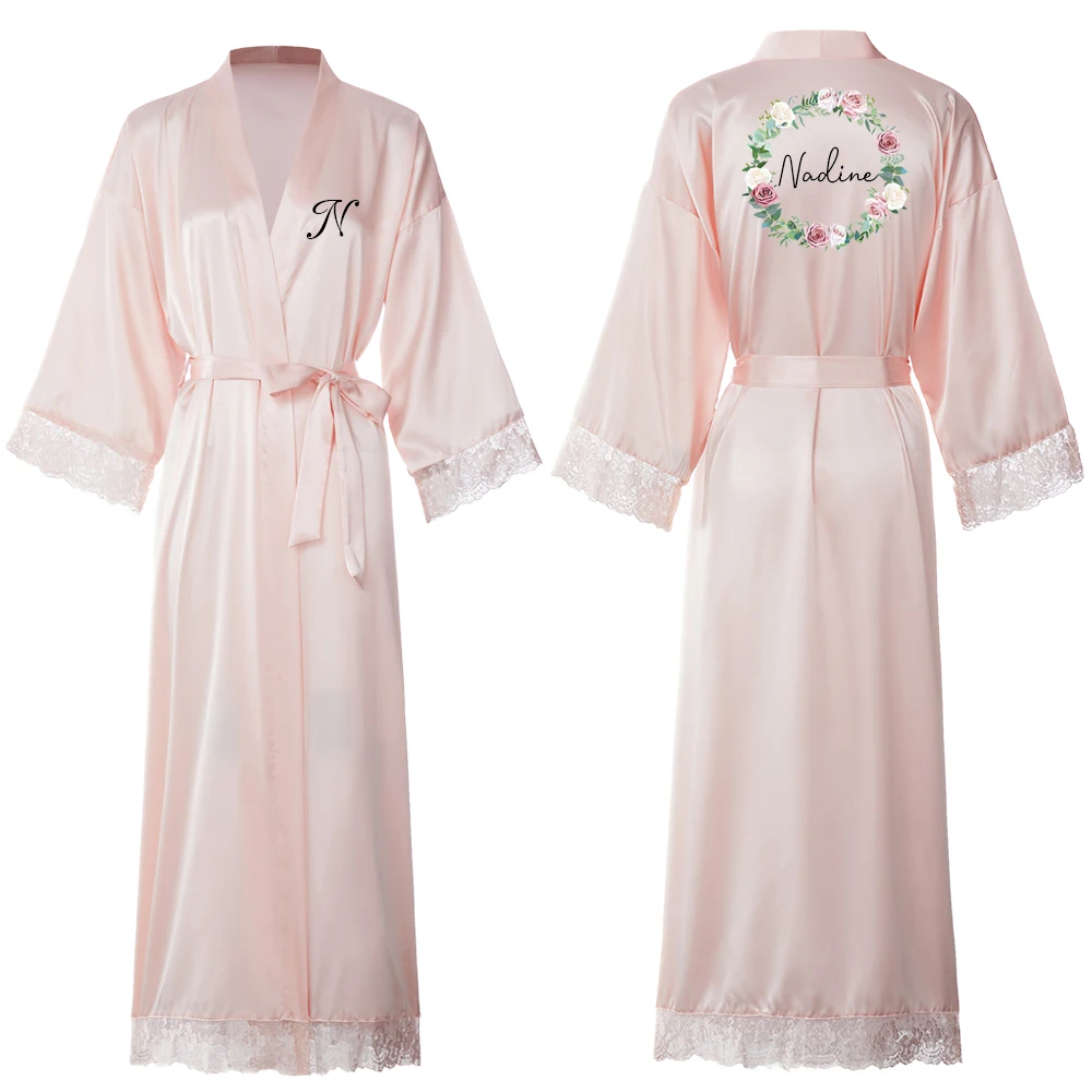 Personalized Custom Text Women Long Large Plain Bride Kimono Silk Robe Satin Night Dress Wedding Bathrobe Lace Robe Ladies Gown