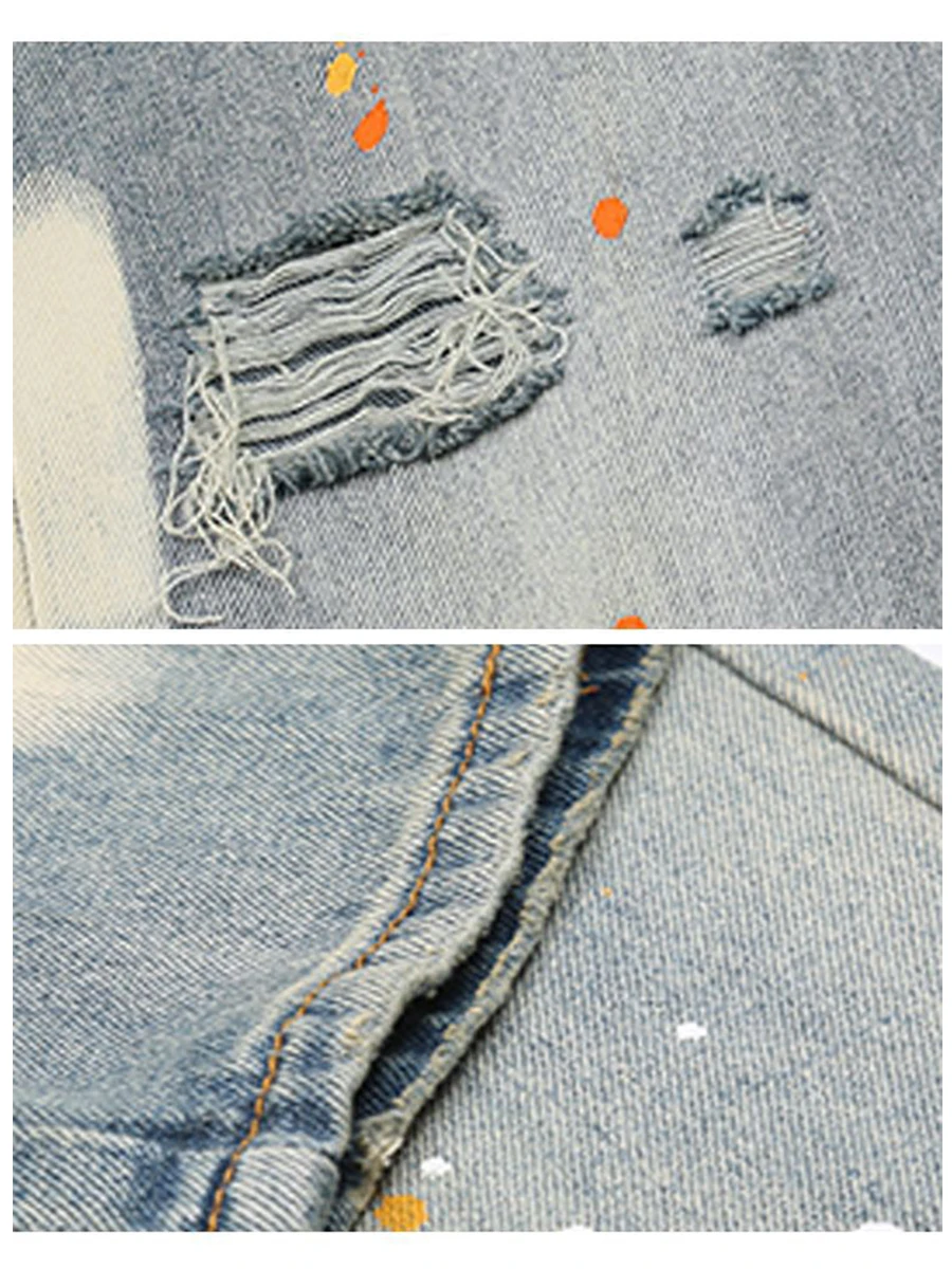 Four Seasons European and American High Street Straight Ink Splash Hole Jeans Trend Men's Fashion Streetwear Ins Hot Sale Denim