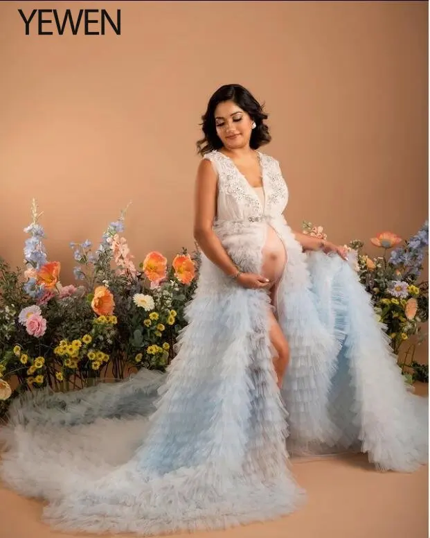 

Elegant Rainbow Ruffles Maternity Dresses for Photo Shoots Long Rhinestone Decoration Tulle Layers Photography Gown YEWEN