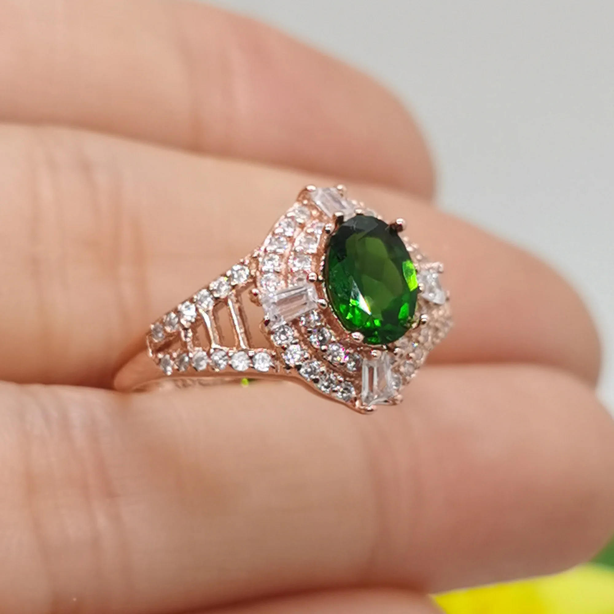 100% натуральный хром кольцо из диопсида для помолвки 0.7ct 5 мм * 7 Серебряное Подарок