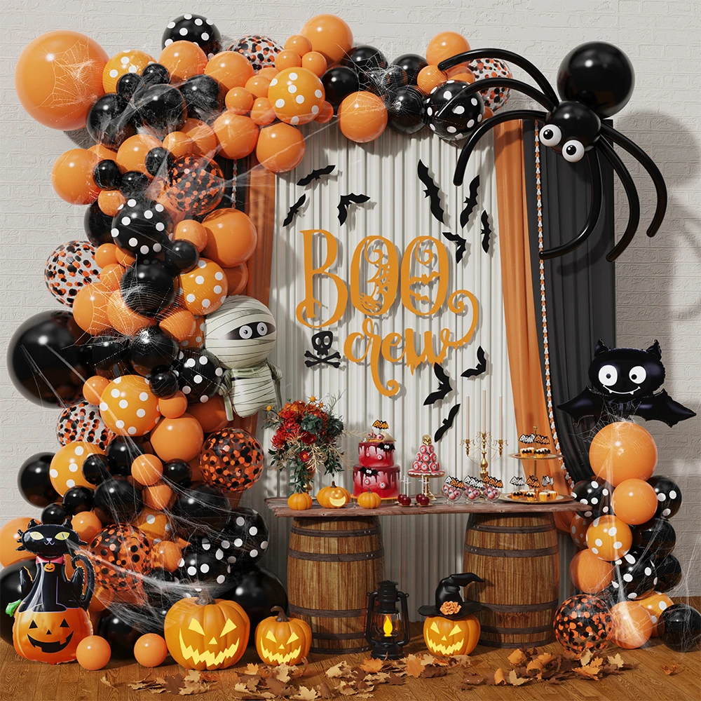 

128PCS DIY Orange Black Halloween Balloon Garland Arch Black Cat Bat Pumpkin Mummy Foil Balloons Halloween Boo Party Decorations