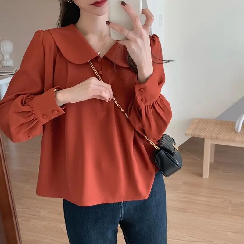 

Shirts Women Pure Fresh Doll Collar Leisure Popular Sweet Girls Cozy Simple Female Clothing J1301
