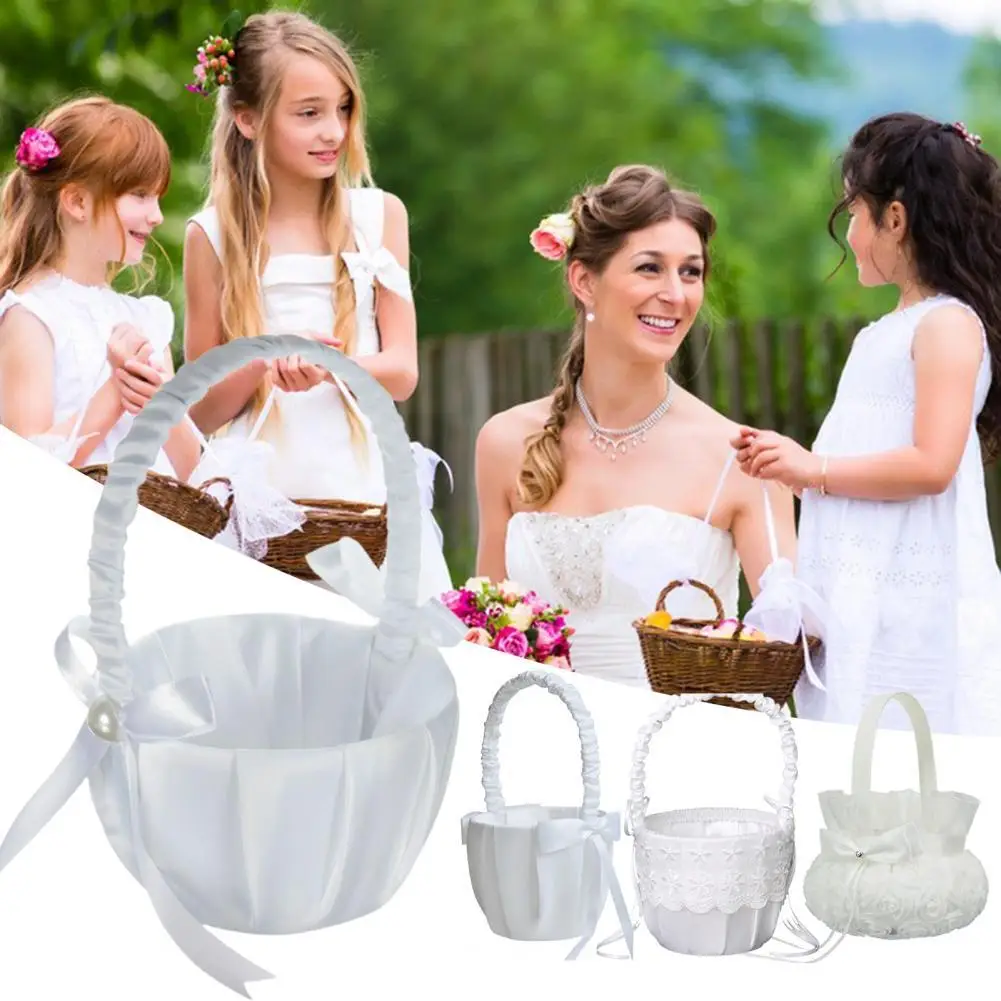 

Romantic Flower Basket Handcrafted DIY Pearl Bowknot Flower Basket Wedding Ceremony Party Rose Flower Girl Makeup Basket Gift