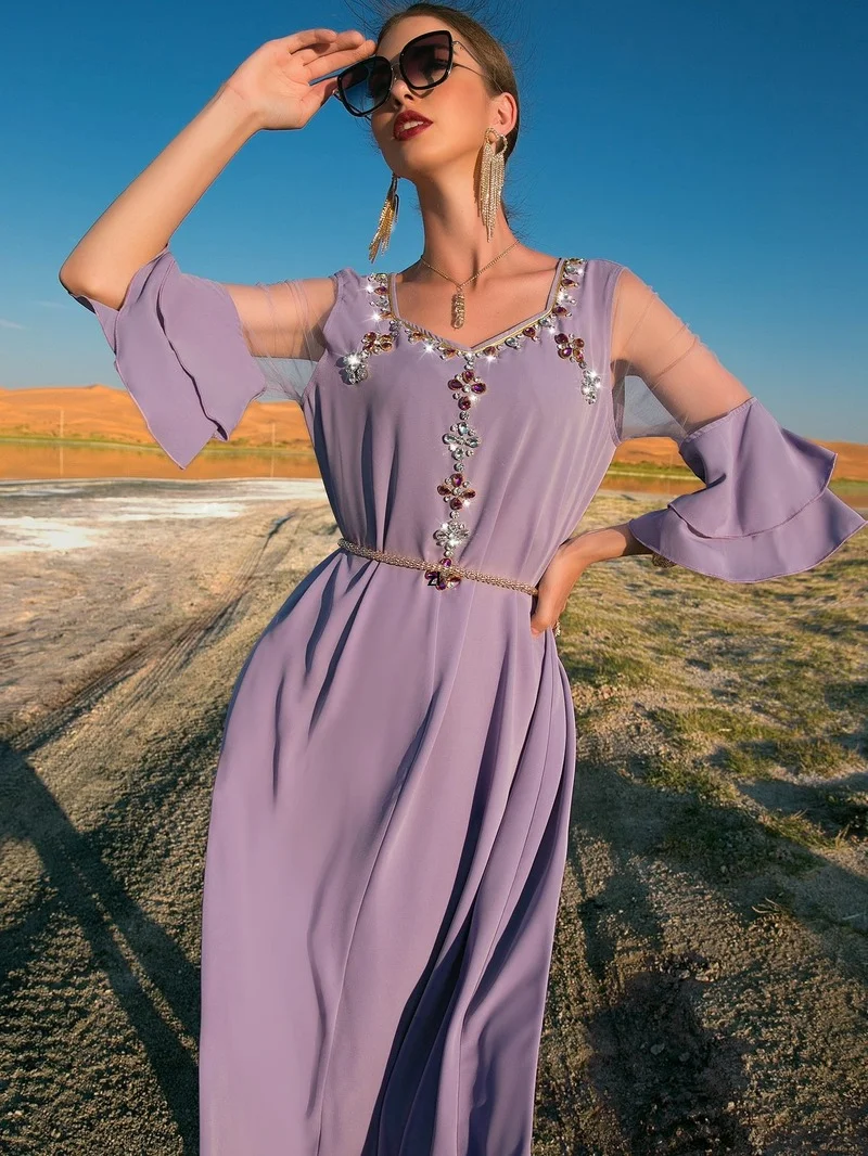Caftan Moroccan Dubai 2022 Long Summer Women's Dresses Elegant Chic Rhinestones Floral Jalabiya Mesh Ruffle Sleeve Robe