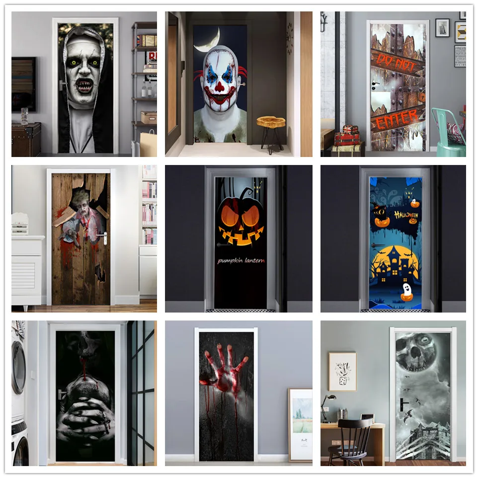 3D Gray Horror Wallpaper For Halloween Decoration Door Sticker self-adhesive Waterproof PVC Wall Decal Party Decor Zombie Mural