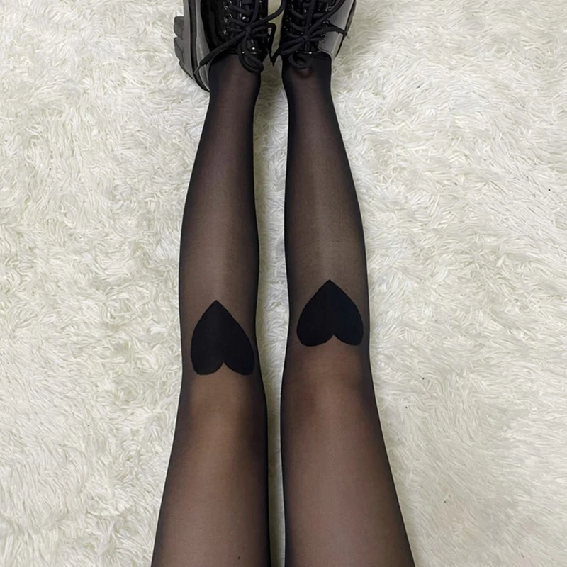 Women Dark Gothic Silky Transparent Pantyhose Harajuku Sweet Knee Love Heart Pattern Sheer Tights Personality Street Thin