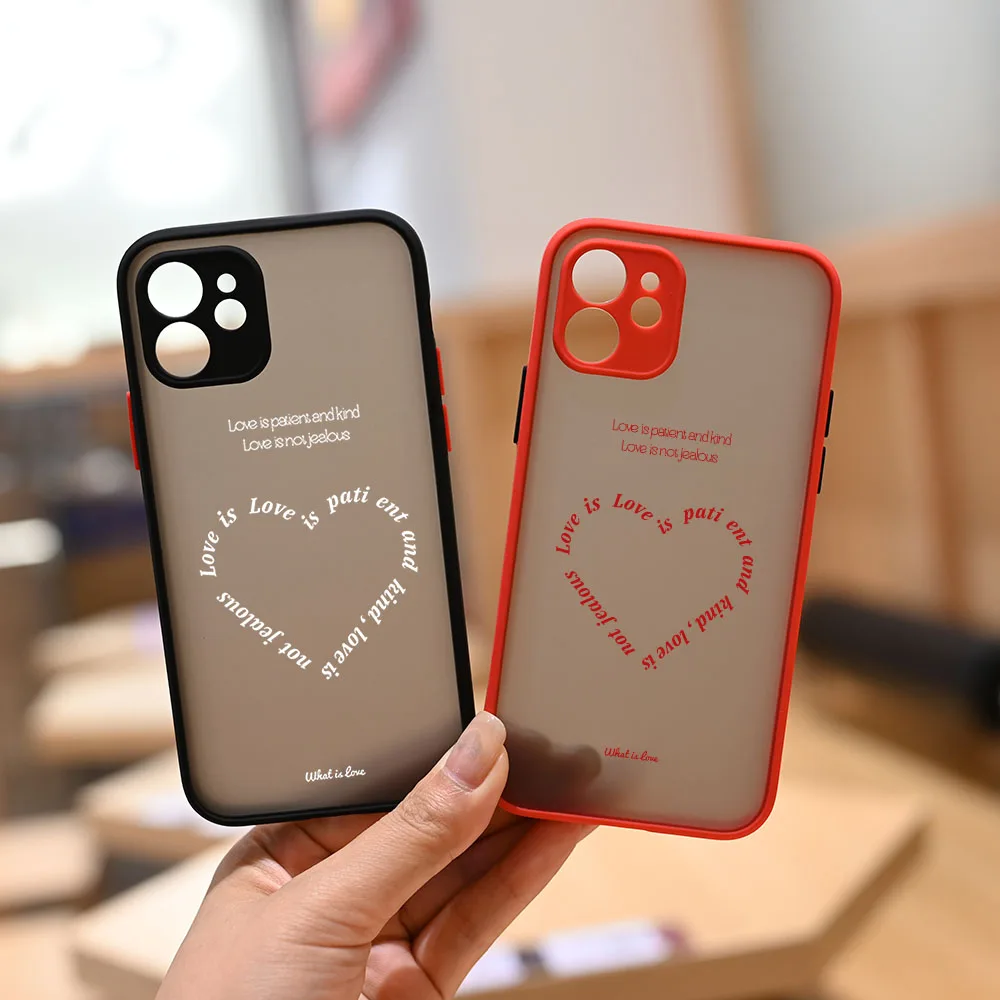 

Simple Clear Letter Love Heart Couple Phone Case for iPhone 11 12 13 Pro MAX Mini XR 6 7 8 Plus X XS Max Matte Hard Cover Fundas