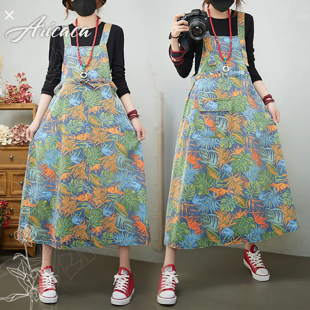 

Aricaca Summer Denim Dresses Ladies Flower Print Strap Dress Women Loose Streetwear One Word Collar Dress