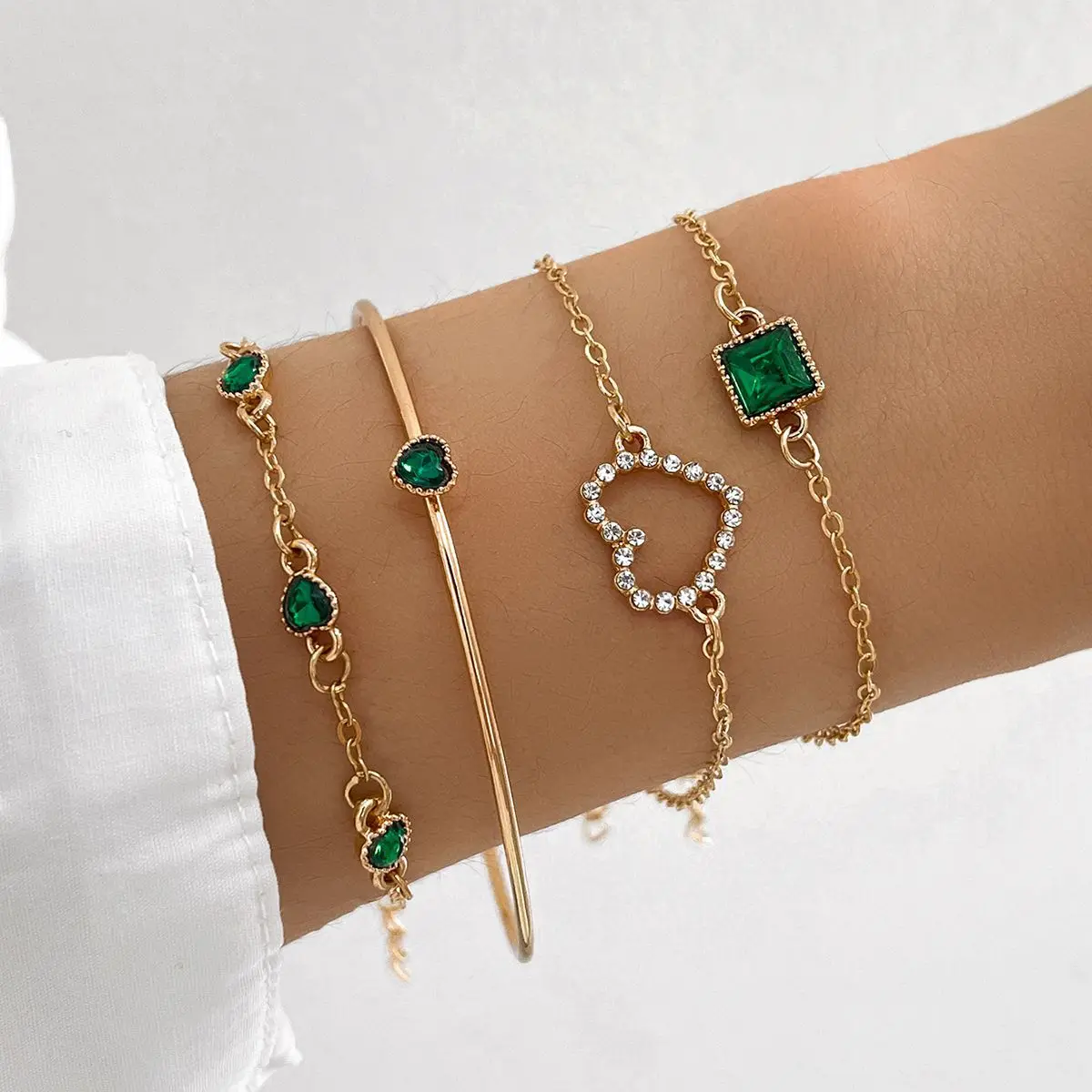 

4pc/set Green Gemstone Bracelet for Women Heart Zircon Chain Bracelet Wedding Engagement Bracelet Jewelry Set Pulseras Mujer