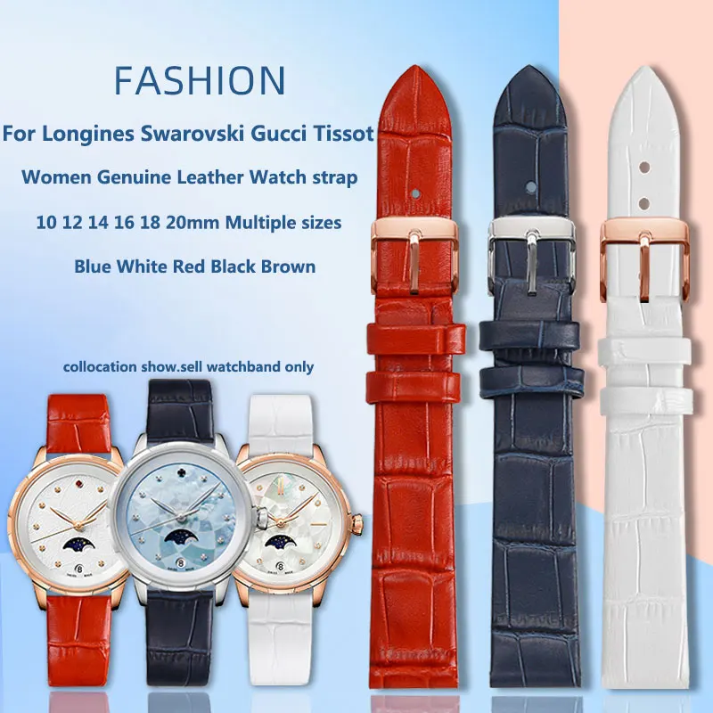 Фото Для Longines Swarovski Gucci Tissot 12 14 16 18 мм женский красный белый синий черный ремешок для часов из натуральной кожи тонкий ремешок для часов дермы №2