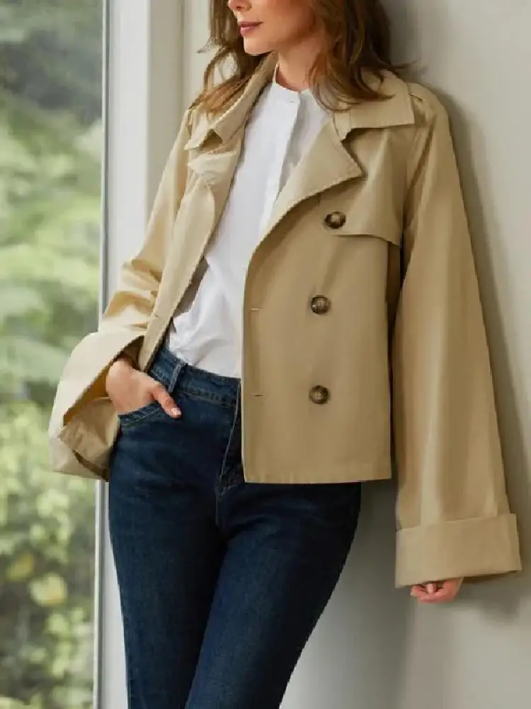 

Onecozyday Khaki Short Trench Coat Jacket for Women 2023 Autumn New Stylish Loose Fit Notched Collar Buttoned Outerwears